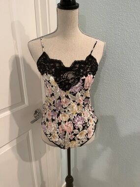 Vintage Lucie Ann II Floral Lace Trim Lingerie Bodysuit Black with Pastel Blooms
